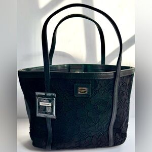 Dolce & Gabbana Black Lace Leather Tote Bag Italy Auth Elegant Structure Handbag